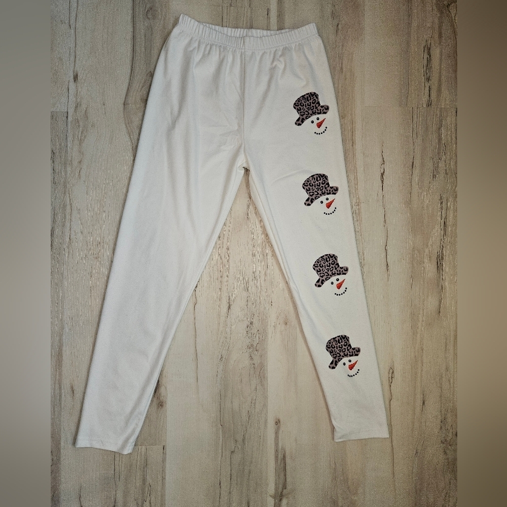 Snowman Print Fleece Lined Leggings Womens Med Winter Graphic Cozy Stretch Pants - Picture 4 of 9